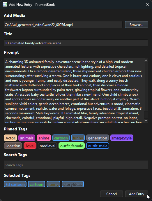 PromptBook screenshot showing tags and organization controls