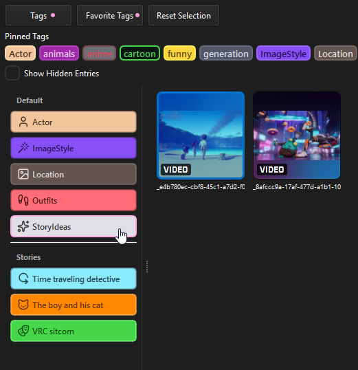 PromptBook screenshot showing search results for saved prompts and outputs